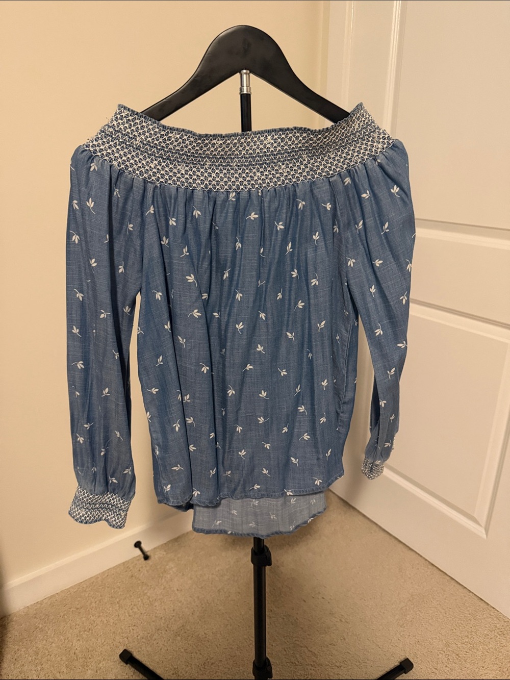 Tommy Hilfiger Smocked Off-Shoulder Blue Peasant Top